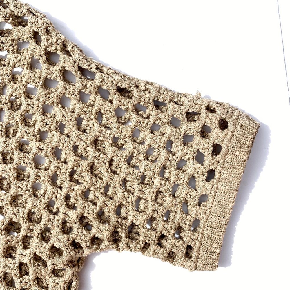 Women’s Chico’s Black Label Open Front Crochet Short Sleeve Sweater, Taupe/Metal - Picture 5 of 8